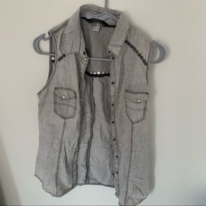 Grey Acid Wash Denim Button Down Sleeveless Blouse
